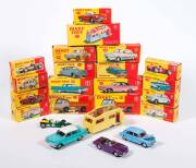 DINKY: 1960s Group of Model Cars Including Cadillac 62 (147) – Blue; And, Holden Special Sedan (196) – Blue with White Roof; And, Four Berth Caravan with Transparent Roof (117) -Yellow. Most mint all in original yellow cardboard boxes. Slight damage to so