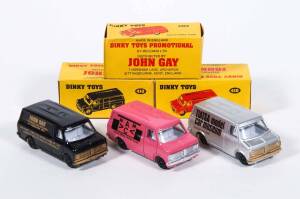 DINKY: Group of ‘John Gay’ Promotional Bedford Vans Including Nord Mini Auto Club Bedford Van (410); And, John Gay Bedford Van (410); And, TIATSA Model Car Museum Bedford Van (410). All mint all in original yellow cardboard boxes. (3 items) 