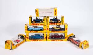 DINKY: Late 1960s Group of Model Cars Including Austin 1800 (171); And, 1913 Morris Oxford ‘Bullnose’ (476); And, 1908 Ford Model T (475). Most mint, all in original yellow windowed cardboard boxes. Damage to some of the boxes. (9 items)