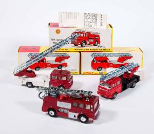 DINKY: Early 1970s Group of Fire Trucks Including Merryweather Marquis Fire Tender with Operating Water Pump (285); And, Berliet Turntable Fire Escape (956) – Metallic Red Cab with White Platform; And, Berliet Turntable Fire Escape (956) – Red Cab with Bl