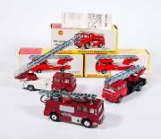 DINKY: Early 1970s Group of Fire Trucks Including Merryweather Marquis Fire Tender with Operating Water Pump (285); And, Berliet Turntable Fire Escape (956) – Metallic Red Cab with White Platform; And, Berliet Turntable Fire Escape (956) – Red Cab with Bl