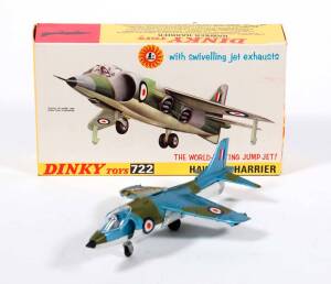 DINKY: Early 1970s Hawker Harrier Jet (722) – Blue, Green, with "RAF" Roundels. Mint in original yellow cardboard pictured box with original cardboard inner packing.