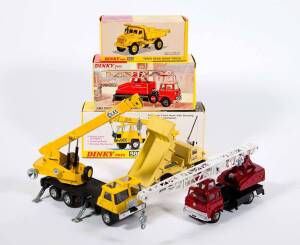 DINKY: Late 1960s to Early 1970s Group of Construction Vehicles Including ‘Terex’ Rear Dump Truck (965); And, ‘Coles’ Hydra Truck 150T (980); And, ‘Jones’ Bedford FleetMaster Cantilever Crane (970). Mint in original yellow cardboard pictured box with orig