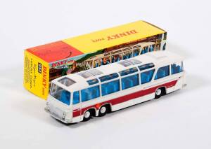 DINKY: Late 1960s to Early 1970s Vega Major Luxury Coach (952) – White Bus with Maroon Side Strip and Blue Interior. Mint in original yellow cardboard pictured box.