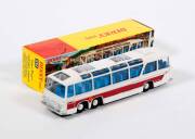 DINKY: Late 1960s to Early 1970s Vega Major Luxury Coach (952) &ndash; White Bus with Maroon Side Strip and Blue Interior. Mint in original yellow cardboard pictured box.