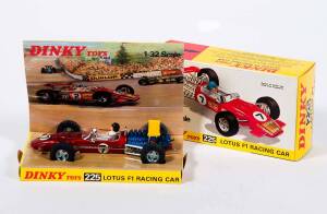 DINKY: Early 1970s 1:32 Scale Lotus F1 Racing Car (225) - Metallic Red Body, Metallic Blue Engine, Yellow Wing, Cast Hubs, Racing Number 7 Decals. Mint in original yellow cardboard pictured box with correct inner packing pieces and stickers.