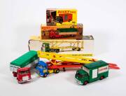 DINKY: Late 1960s to Early 1970s Group of Trucks Including Bedford T.K &lsquo;Castrol&rsquo; Box Van (450); And, AEC Articulated &lsquo;British Road Services&rsquo; Lorry (914); And, AEC Hoyner Car Transporter (974). Mint in original yellow cardboard pictured box. Missing end fl