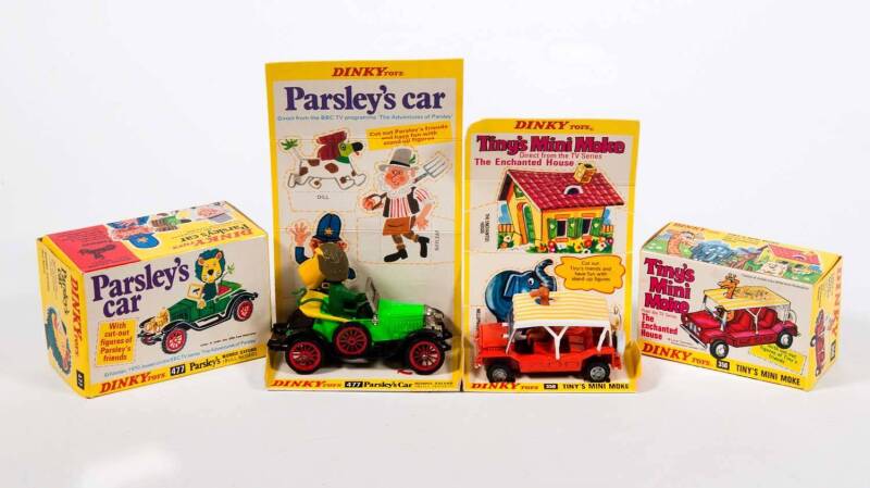 DINKY: Early 1970s Pair of Children’s TV Characters and their Vehicles Consisting of Parsleys Car Morrison Oxford ‘Bull Nosed’ (477); And, Tiny’s Mini Moke from The Enchanted House (350). Both mint in original yellow cardboard pictured box.