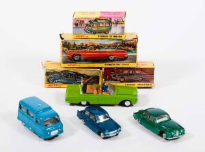 DINKY/ NICKY Toys: 1970s Group of Rare ‘Nicky Toys’.Consisting of Jaguar 3.4 MK II (195); And, Standard Herald MK II (54); And, Plymouth Fury Sports (137); And, Standard ‘20’ Mini-Bus. All mint in original yellow cardboard pictured boxes, Slight damage to