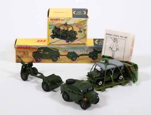 DINKY: Pair of Early 1970s Military Vehicles Consisting of Austin Para Moke with Assault Platform and Parachute (601); And, 25 Pounder Field Gun Set (697). All Mint in original cardboard pictured box. (2 items)