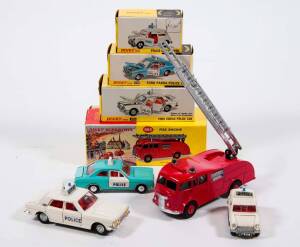 DINKY: Late 1960s to Early 1970s Group of Emergency Vehicles Including Commer Fire Engine (955) – In rarer pictured lift off cardboard box; And, Ford Zodiac Police Car (255); And, Ford Panda Police Car (270). All mint in original cardboard pictured boxes.