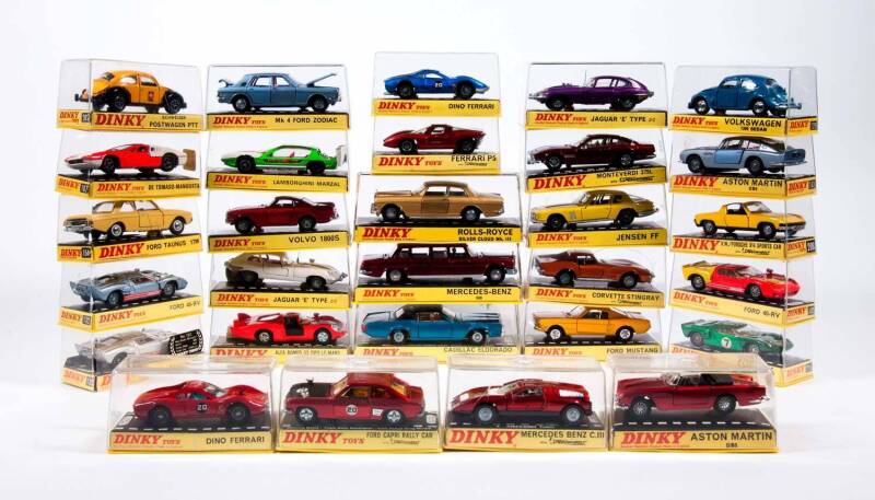 DINKY: Early 1970s Group of Model Cars Including Mercedes Benz 600 Pullman (128) – Metallic Red; And, Rolls-Royce Silver Cloud MK III (127) -Gold; And, Aston Martin DB6 (153) – Powder Blue. All mint in original clear rigid perspex case, Slight damage to s