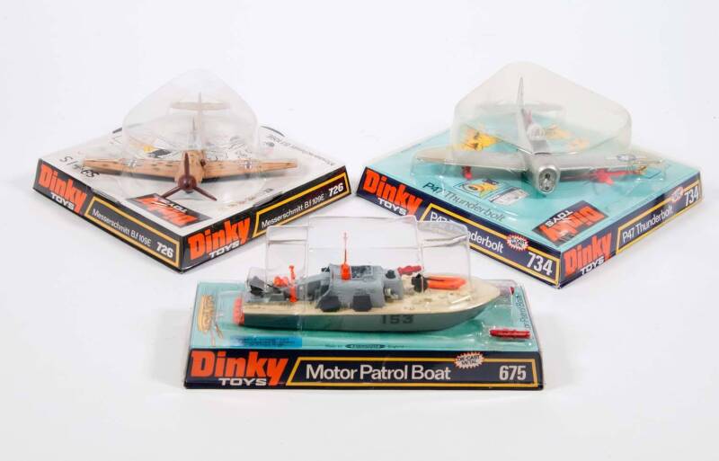 DINKY: 1970s Group of Military Non-Land Based Vehicles Including Messerschmitt B.F 109E (726); And, Motor Patrol Boat (675); And, P47 Thunderbolt (735). All vehicles mint in original bubble packs. (3 items) 