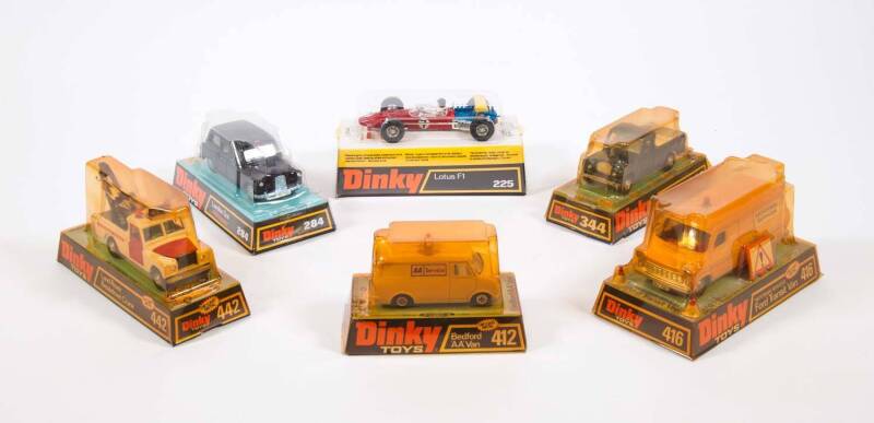 DINKY: 1970s Group of Model Cars Including Lotus F1 (225); And, ‘Motorway Services’ Ford Transit Van (416); And, Bedford ‘AA’ Van (412). All vehicles mint in original bubble packs. Slight damage to the plastic on some of the bubble packs. (6 items) 