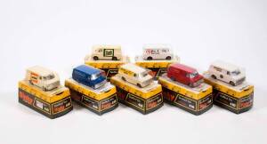 DINKY: 1970s Group of Bedford Vans (410) Including Bedford ‘Modellers World’ Van (410); And, Bedford ‘MJ Hire + Service’ Van (410); And, Bedford ‘Royal Mail’ Van (410). Mint in original bubble packs. Damage to some of the plastic on the bubble packs. (11 