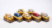 DINKY: 1970s Group of Bedford Vans (410) Including Bedford ‘Modellers World’ Van (410); And, Bedford ‘MJ Hire + Service’ Van (410); And, Bedford ‘Royal Mail’ Van (410). Mint in original bubble packs. Damage to some of the plastic on the bubble packs. (11