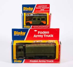 DINKY: Late 1970s Pair of Military Vehicles Consisting of Foden Army Truck (668); And, Land Rover Bomb Disposal Unit with Plastic Surveillance Robot Kit (604). All mint in original cardboard window boxes. (2 items)