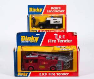 DINKY: Late 1970s Pair of Emergency Vehicles Consisting of ERF Fire Tender (266); And, Police Land Rover (277). All mint in original cardboard window boxes. Slight damage to one of the boxes. (2 items)
