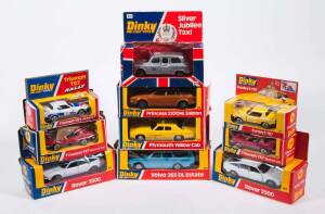 DINKY: Late 1970s Group of Model Cars Including Volvo 265 DL Estate (122) – Blue; And, Princess 2200HL Saloon (123) – Brown; And, Plymouth Yellow Cab (278). All cars mint, in original cardboard window boxes. Slight damage to some of the windowed boxes. Du