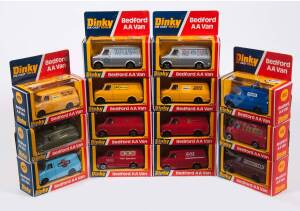 DINKY: Late 1970s Group of Bedford AA Vans (412) Including Bedford ‘Martini’ Van (412); And, Bedford ‘KLG Spark Plugs’ Van (412); And, Bedford ‘1 Whitbread’ Van (410). Mint in original cardboard window boxes, slight damage to one of the boxes. Duplication