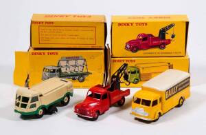 FRENCH DINKY: Late 1950s to Early 1960s Group of Trucks Including Simca Glass Truck (33C); And, Simca ‘Bailly’ Cargo Van (33AN); And, LMV Road Sweeper (596). Most mint, all in original yellow cardboard box. Damage to one of the boxes. (4 items)