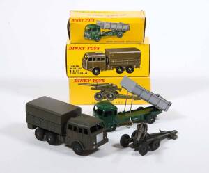 FRENCH DINKY: 1960s Group of Predominately Military Vehicles Including Berliet Army truck (818), And, Simca Cargo Tipper Truck (578) – Dark Green; And, 155 ABS Howitzer (819). All mint in original yellow cardboard boxes. Slight damage to one of the boxes.