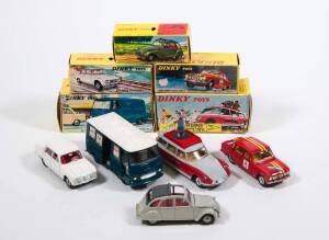 FRENCH DINKY: Late 1960s Group of Model Cars Including Citroen ID 19 Break TV (1404) – with Camera Man and Antenna; And, Alfa Romeo Giulia 1600 TI (514) – White; And, Alfa Romeo Giulia 1600 IT ‘Rally’ (1401). Most mint, all in original yellow cardboard pi