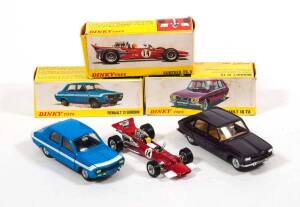 FRENCH DINKY: Late 1960s Early 1970s Group of Model Cars Including Renault 12 Gordini (1424G) – Blue with White Stripe; And, Surtees TS. 5 (1433) - Red; And, Renault 16 TX (538) – Maroon. Mint in original yellow cardboard pictured boxes. (3 items)