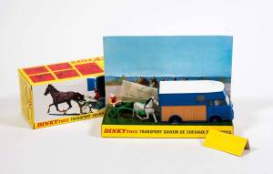 FRENCH DINKY: Early 1970s Transport Saviem De Chevaux De Courses (571) – Blue with White Roof and Light Tan Side Panels. Mint in original yellow cardboard picture box with original inner packing pictorial stand and accessories.