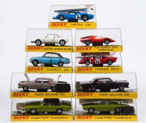 FRENCH DINKY: Early 1970s Group of Model Cars Including Peugeot 504 (1415) – Powder Blue; And, Ford Galaxie 500 (1402) – Brown; And, Coupe Ford Thunderbird (1419). All mint in original clear rigid perspex case. Duplications present but are different colou