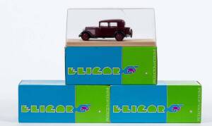 ELICOR: 1:43 Group of Model Cars Including Rolls Royce 20/25 Limousine 1928 (1030); And, Peugeot 201 Berline 1931 (1016); And, Porsche 917 30 Canam 1973 Sunoco (2001). All mint in original display case. (9 items)