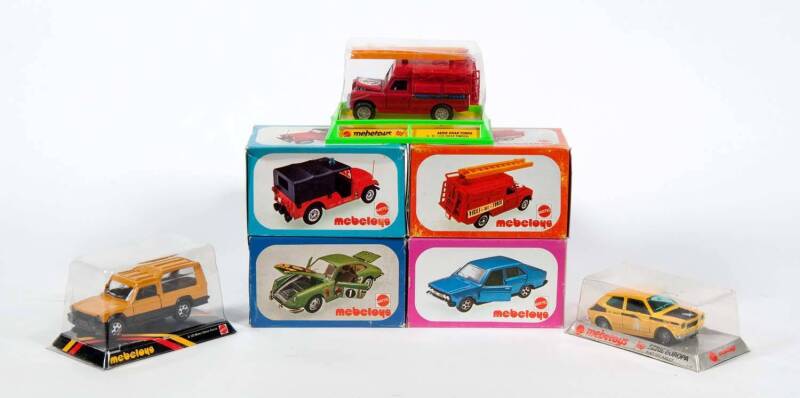 MATTEL: 1:43 Group of MEBETOYS Including Jeep Pubblica Sicurezza (A89); And, Jeep Vigili Del Fuoco (A81); And, Series Europa Dyane (A84). Most mint in original cardboard packaging. (80 items approx.)