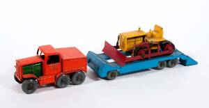 MATCHBOX: Early Moko Lesney Toys Large Scale British Road Services Prime Mover with Low Loader Trailer & Caterpillar Bulldozer. Mostly Good to Fair Condition with Bulldozer Rubber Tracks Present But Slighty Perished and Broken. All unboxed (3 items) 