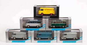 MINICHAMPS: 1:43 Group of VW Bus/Vans Including Bus ‘Samba’ Green (52301); And, Delivery Van Blue (52200); And, Shell Van (53061). All mint in original display case (6 items) 