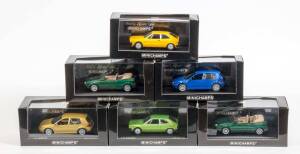 MINICHAMPS: 1:43 Group of VW’s Including VW-Porsche 914/4 Silver; And, 181 Kuebelwagen Olive Green (50031); And, Golf IV Saloon Red (56000). All mint in original display case (30 items) 