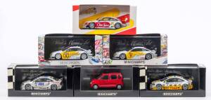 MINICHAMPS: 1:43 Group of Opel Model Cars Including Opel Calibra V6 4x4 DTM 1995 Team Joest; And, Opel V8 Coupe DTM 2000 Team Phoenix; And, Opel Calibra McDonalds Team Rosberg. All mint in original display case (32 items) 