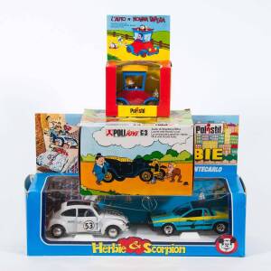 POLISTIL: Group of Children’s Model Cars Including Herbie & Scorpion (W11); And, L’Auto Di Archimede (W8); And, Auto Banda Bassotti (W9). All Mint in original cardboard packaging. (7 items)