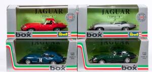 REVELL/MODEL BOX: 1:43 Group of Jaguar Model Cars Including Jaguar E Type Spyder Hard Top (8463); And, Jaguar E Coupe Tourist Trophy 62 (8443); And Jaguar E Inglese (8440). All mint in original display case. (4 items)