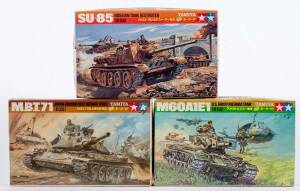 TAMIYA: Group of Military Model Tank Hobby Kits Including M6OA1E1 US Army Medium Tank; And, M.B.T.71 Japan Ground Self Defence Force; And, SU-85 Russian Tank Destroyer.  All mint and unbuilt in original cardboard packaging. (3 items)