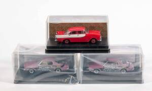 TRAX: 1:43 Group of Three Holden Model Cars Including A Pair 1971 HQ Monaro GTS 350 Coupe (TR18F); And, 1960 FB Special Sedan (TR20K). All cars mint in original display case with accompanying labels, slight damage to one display case. (3 items)