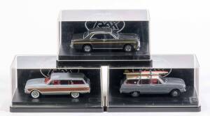 TRAX: 1:43 Group of Three Ford Model Cars Including 1961 XK Falcon Wagon (TR30D); And, 1962 XL Falcon Squire Wagon (TR38C); And, 1970 XW Falcon GTHO Phase 11 (TR34E). All mint in original display case with accompanying labels. (3 items)