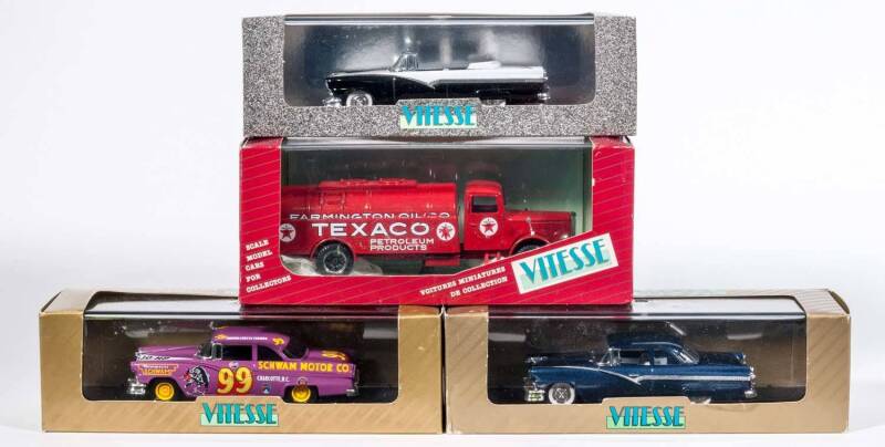 VITESSE: 1:43 Group of Model Cars Including Ford Fairlane Purple Hog (LO56); And, White 1934 Tanker Truck ‘Texaco’ (250); And, Ford Fairlane Vitoria 1956. All mint in original display cases. (33 items)