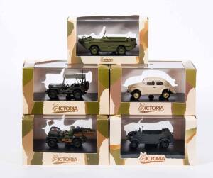 VICTORIA: 1:43 Group of Model Military Vehicles Including 1944 Jeep Willys Closed D-Day (R001); And, 1944 Jeep Willys Ambulance US Army Normandy (R028); And, 1944 Jeep GPA Amphibian British Army (R034). All mint in original cardboard packaging. (9 items) 