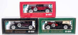 YONEZAWA TOYS: 1:27 Group of Model Cars Including 1927 Rolls Royce (G-122); And, 1927 Lincoln (G-123); And, 1930 Duesenberg (G124). All mint in original display case (3 items)