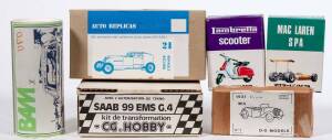 Group of Miscellaneous Hobby kits Including BAM: 1977 BMW Luigi; And, CG HOBBY: SAAB 99 EMS G.4; And, DG MODLES: 1929 Austin Sedan (2). All mint and unbuilt in original cardboard packaging. (30 items approx.)