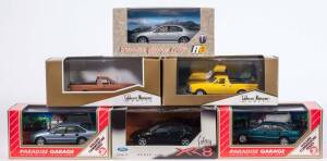 Group of 1:43 Miscellaneous Model Cars Including MINICHAMPS: Bugatti EB 110 (102111); And, CALDECOTT MINIATURE MODELS: Ford Falcon XY Ute; And, PARADISE GARAGE: Holden Kira Aqua Metallic (91001). All mint in original display case. (25 items)