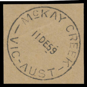 Victoria: McKay Creek: ''McKAY CREEK/11DE59/VIC-AUST' cds on plain piece. PO 20.6.1955; closed 5.6.1961. [Australian Alps: 8km SSE of Bogong; site of Hydro-Electric Power Station]