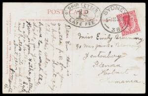 NSW: 1911 inwards 'Pottery making, Fiji' postcard with Fiji KEVII 1d red tied 'SYDNEY/DE18/11' arrival d/s where double-oval 'SHIP LETTER/ 1D /LATE FEE' handstamp applied alongside, fine condition.