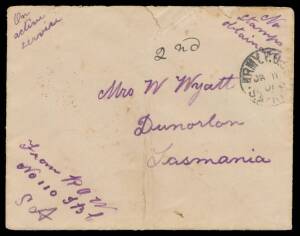 Tasmania: 1901 stampless OAS cover endorsed "From ROW/No 110 IBC/SA" (= Imperial Bushmen's Corps in South Africa) with British 'ARMY PO 55/JA17/01/S,AFRICA' cds, Launceston transit & Dunorlan arrival b/s both of FE15/01, minor opening faults & vertical fo