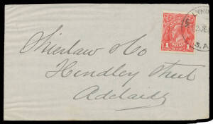 Sth Aust: Mount Lyndhurst: 'MT LYND[HURST]/22JE??/S.A.' cds (rated RRRR) on KGV 1d red on Shierlaw front. RO 4.1915; PO 16.9.1915; RO 1.12.1917; PO 1.8.1926; closed 30.6.1930.